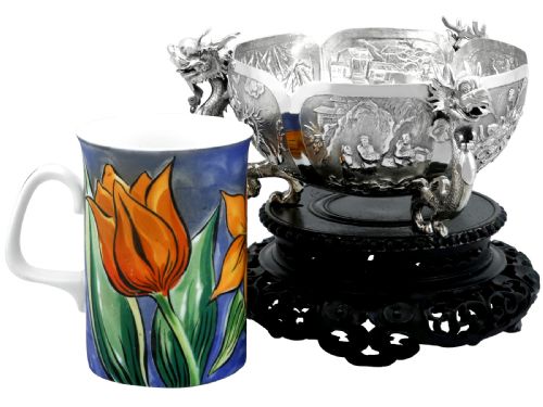 fig 2. Antique Chinese Export Silver Bowl on Stand Circa 1890