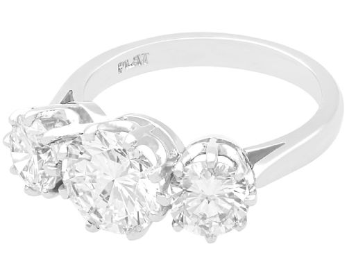 fig 3. A platinum trilogy ring featuring three round brilliant cut diamonds set in individual multi-claw settings along a polished platinum band.