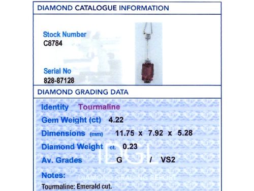 fig 6. An Art Deco 18ct white gold pendant featuring a rectangular step-cut red tourmaline suspended from a bar link set with accent diamonds.