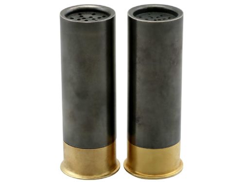 fig 3. A pair of Edwardian sterling silver pepper shakers shaped like shotgun cartridges with dark silver bodies and gilt metal bases.