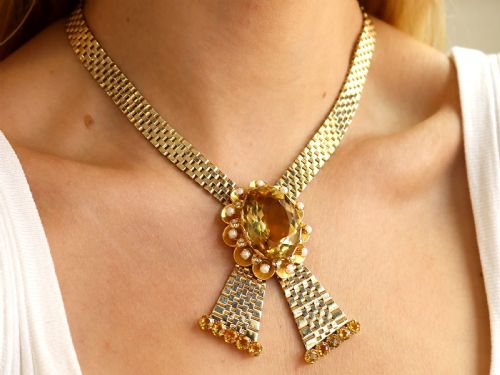 VINTAGE 6850CT CITRINE AND PEARL 9CT YELLOW GOLD NECKLACE 1957 - ADDITIONAL PHOTO 3