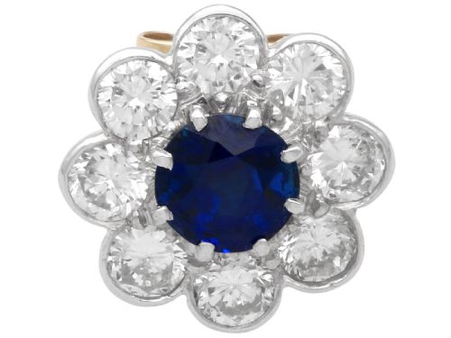 fig 3. A pair of antique floral-shaped cluster earrings featuring central round blue sapphires encircled by bright diamonds.