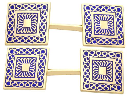 fig 4. A set of four square 18ct yellow gold cufflinks decorated with blue enamel geometric patterns, presented inside a fitted black box.