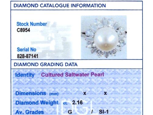 fig 7. A platinum cluster ring featuring a central white cultured pearl surrounded by a starburst halo of baguette and brilliant-cut diamonds.