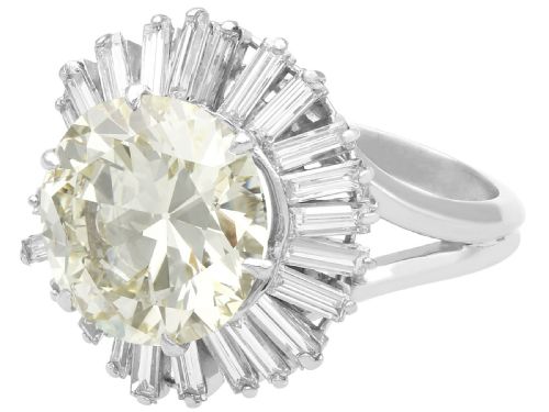 fig 2. A platinum cocktail ring featuring a large round central diamond enclosed by a sunburst halo of baguette-cut diamonds.