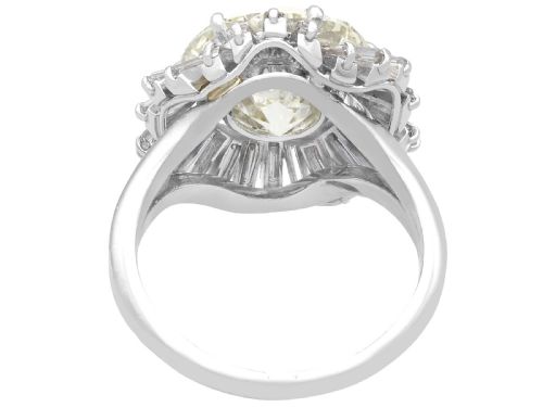 fig 3. A platinum cocktail ring featuring a large round central diamond enclosed by a sunburst halo of baguette-cut diamonds.