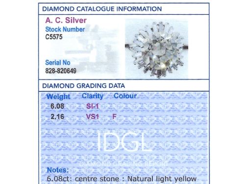 fig 6. A platinum cocktail ring featuring a large round central diamond enclosed by a sunburst halo of baguette-cut diamonds.