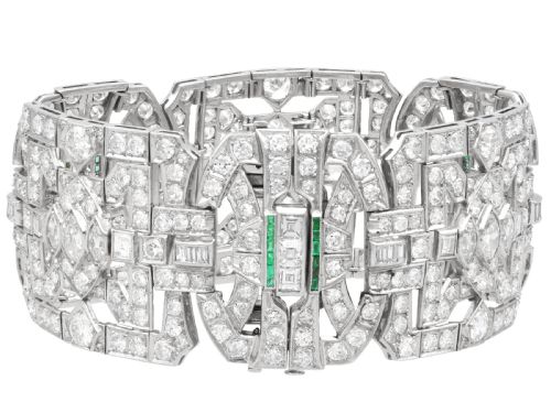 ANTIQUE ART DECO 3325CT DIAMOND AND 030CT EMERALD PLATINUM BRACELET CIRCA 1930 - ADDITIONAL PHOTO 9