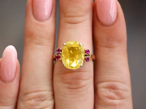 fig 2. Antique Art Deco 7.10ct Yellow Ceylon Sapphire, Ruby, 9ct Rose Gold Ring Circa 1920