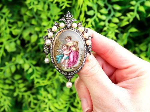 ANTIQUE 190CT DIAMOND PEARL AND ENAMEL 15CT YELLOW GOLD LOCKET PENDANT BROOCH CIRCA 1880 - ADDITIONAL PHOTO 1