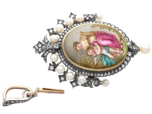 ANTIQUE 190CT DIAMOND PEARL AND ENAMEL 15CT YELLOW GOLD LOCKET PENDANT BROOCH CIRCA 1880 - ADDITIONAL PHOTO 5