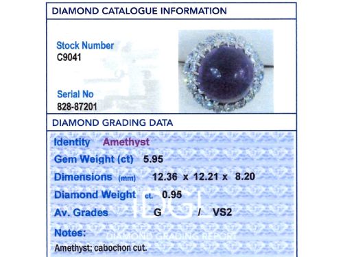 fig 5. An antique platinum dress ring set with a large central purple cabochon amethyst surrounded by a halo of round diamonds.