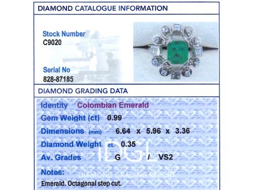 fig 8. An Art Deco 18ct white gold ring featuring a central octagonal green emerald surrounded by geometric diamond-set loop mounts.