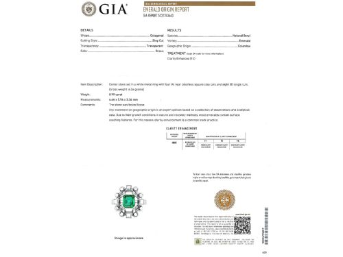 fig 9. An Art Deco 18ct white gold ring featuring a central octagonal green emerald surrounded by geometric diamond-set loop mounts.