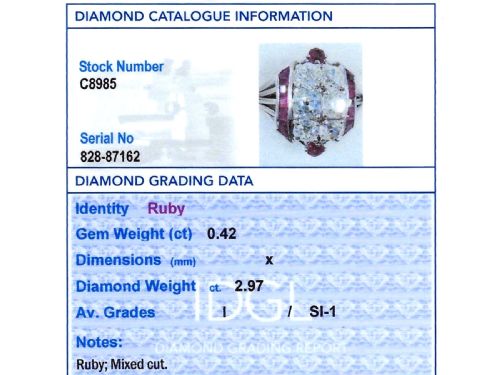 fig 10. An Art Deco 18ct white gold dress ring featuring a central cluster of old-cut diamonds flanked by channel-set calibre rubies.