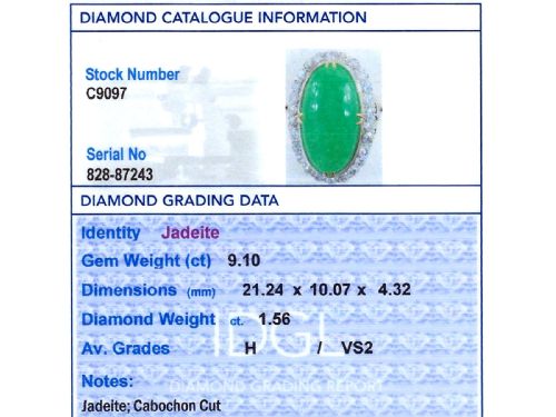 fig 9. An antique Edwardian ring featuring a large oval green jadeite cabochon encircled by a halo of round diamonds on a gold band.