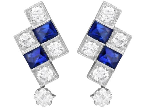 ANTIQUE ART DECO 100CT SAPPHIRE AND 120CT DIAMOND PLATINUM EARRINGS CIRCA 1920