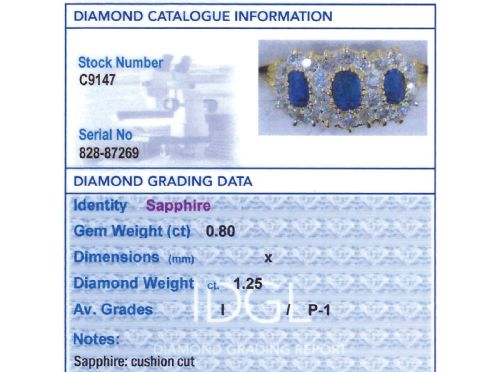 fig 7. An antique 18ct yellow gold ring featuring three rectangular cushion-cut blue sapphires surrounded by a halo of old-cut diamonds.