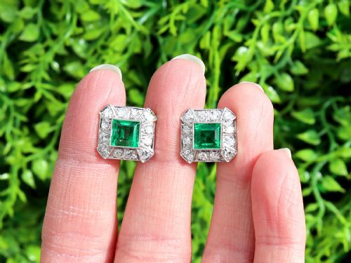 fig 1. Vintage 2.06ct Colombian Emerald and 1.68ct Diamond, 14ct White Gold Cluster Earrings Circa 1940