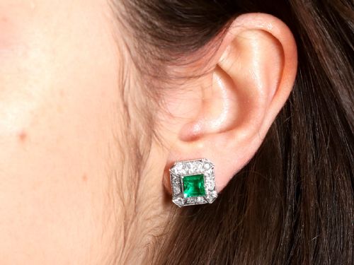 fig 8. Vintage 2.06ct Colombian Emerald and 1.68ct Diamond, 14ct White Gold Cluster Earrings Circa 1940