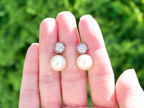 fig 1. Vintage Cultured Pearl and 1.07ct Diamond, Platinum Earrings Circa 1950