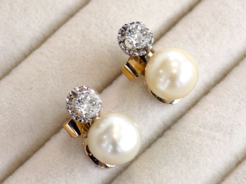 fig 2. Vintage Cultured Pearl and 1.07ct Diamond, Platinum Earrings Circa 1950