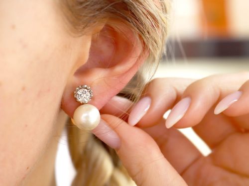 fig 3. Vintage Cultured Pearl and 1.07ct Diamond, Platinum Earrings Circa 1950