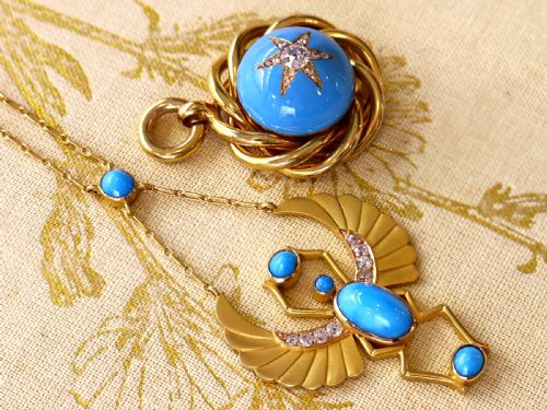 fig 4. An 18ct yellow gold Egyptian Revival pendant crafted in the shape of a winged scarab beetle with turquoise cabochons and set with diamonds.