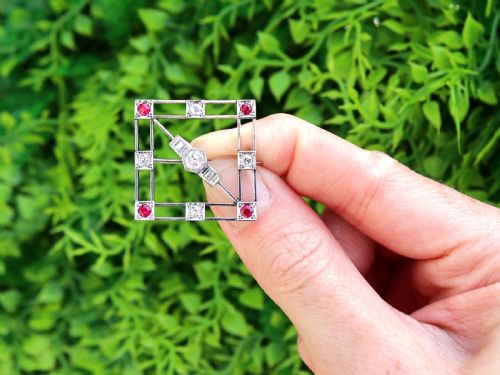 fig 1. Antique Art Deco 0.32ct Ruby and 0.95ct Diamond, 9ct White Gold Brooch Circa 1925