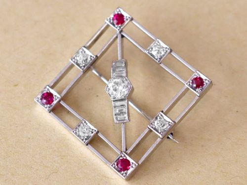 fig 2. Antique Art Deco 0.32ct Ruby and 0.95ct Diamond, 9ct White Gold Brooch Circa 1925