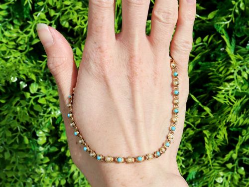 fig 1. Antique 0.90ct Turquoise and Seed Pearl, 15ct Yellow Gold Necklace Circa 1880