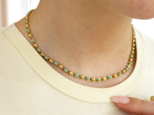 fig 2. Antique 0.90ct Turquoise and Seed Pearl, 15ct Yellow Gold Necklace Circa 1880