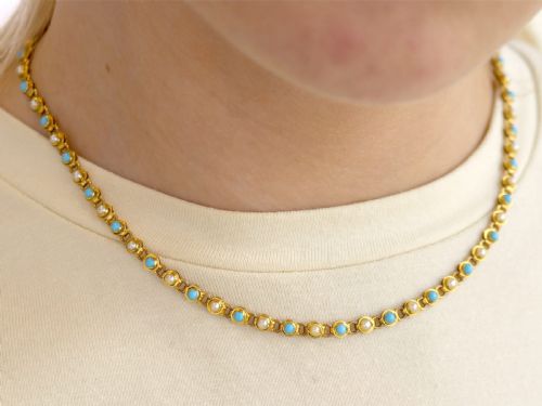 fig 3. Antique 0.90ct Turquoise and Seed Pearl, 15ct Yellow Gold Necklace Circa 1880