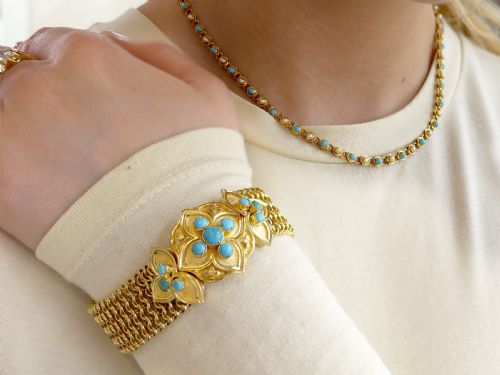 fig 4. Antique 0.90ct Turquoise and Seed Pearl, 15ct Yellow Gold Necklace Circa 1880