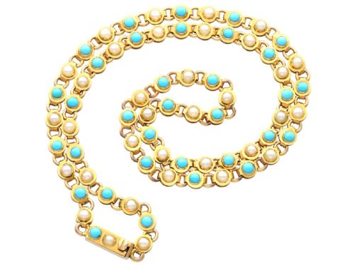 fig 5. Antique 0.90ct Turquoise and Seed Pearl, 15ct Yellow Gold Necklace Circa 1880