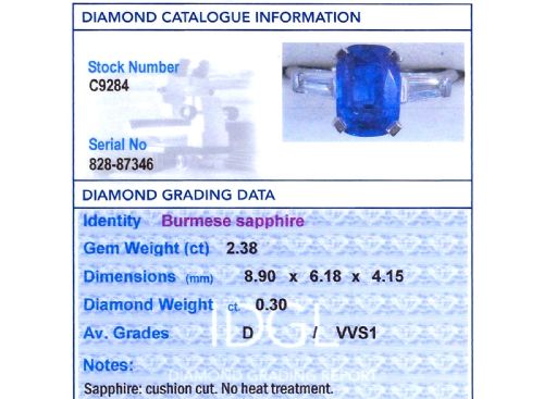 fig 7. An Art Deco platinum ring featuring a central cushion-cut blue sapphire flanked by a stepped baguette-cut diamond on each shoulder.