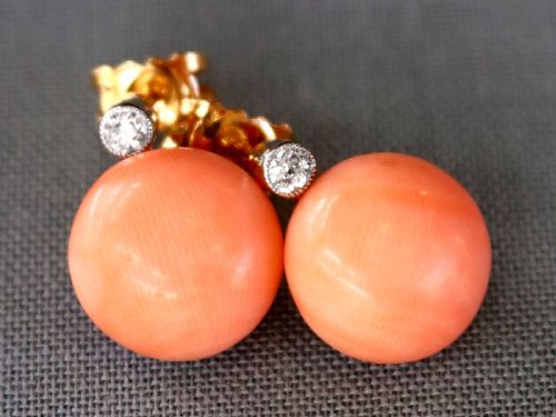 fig 3. Antique 8.20ct Coral and 0.13ct Diamond, 18ct Yellow Gold Earrings Circa 1935