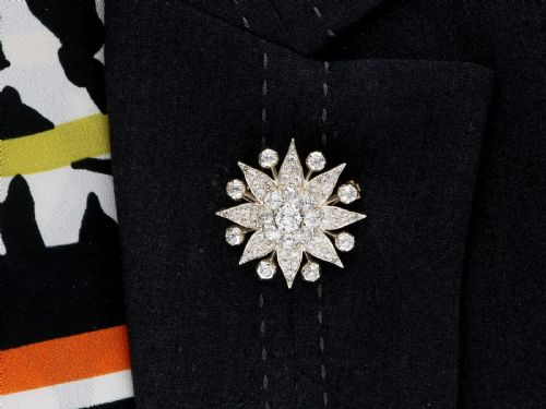 fig 8. An antique Edwardian silver-topped diamond star brooch featuring a central round diamond surrounded by diamond-paved star rays and ball terminals.