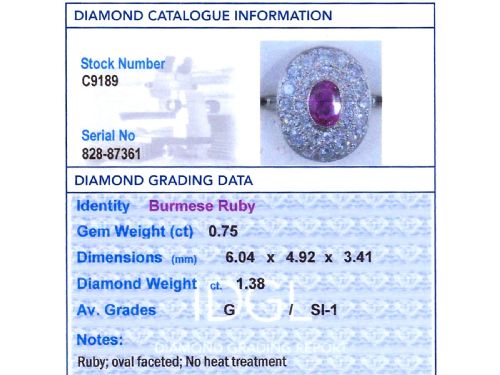 fig 8. An 18ct white gold halo ring featuring a central oval red ruby surrounded by two tiers of round diamonds.