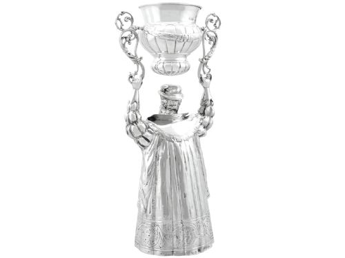 fig 5. A Victorian sterling silver wager cup depicting a bearded male figure holding a double-handled vessel above his head.
