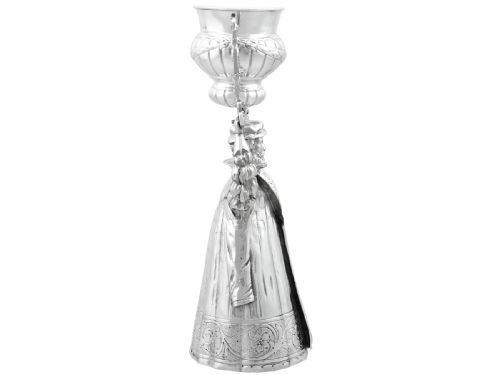 fig 6. A Victorian sterling silver wager cup depicting a bearded male figure holding a double-handled vessel above his head.