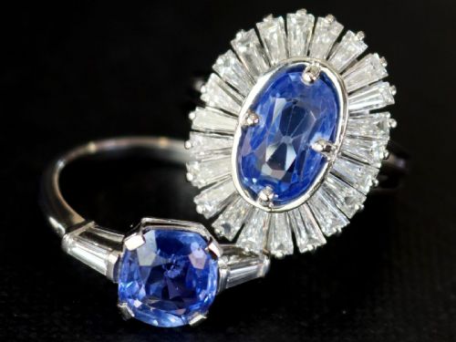 fig 3. An Art Deco platinum ring featuring a cushion-cut blue sapphire flanked by two tapered baguette diamonds.