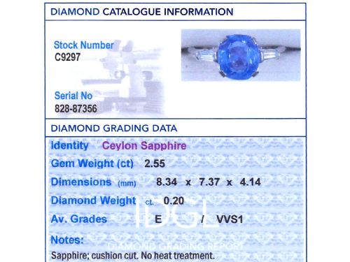 fig 7. An Art Deco platinum ring featuring a cushion-cut blue sapphire flanked by two tapered baguette diamonds.