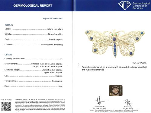 fig 11. An antique butterfly brooch constructed from gold and silver, featuring openwork wings set with diamonds, sapphire details, and green emerald eyes.
