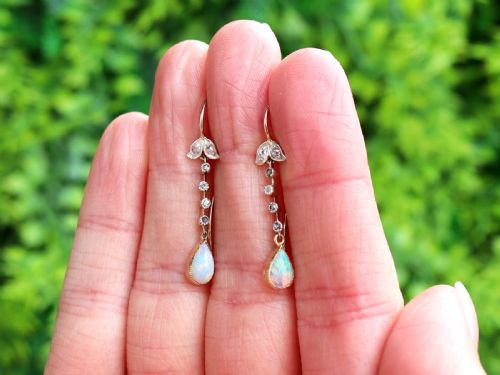 fig 1. Antique 0.75ct White Opal and 0.15ct Diamond, 18ct Yellow Gold Drop Earrings Circa 1900