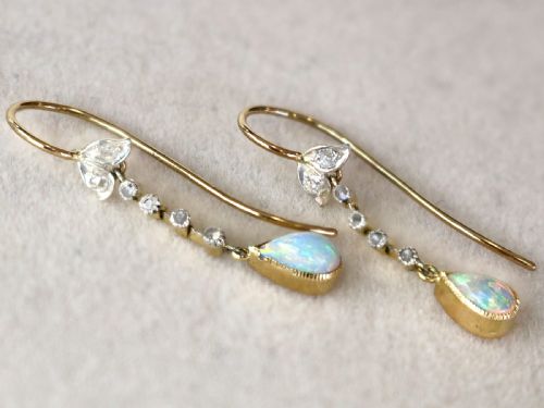 fig 2. Antique 0.75ct White Opal and 0.15ct Diamond, 18ct Yellow Gold Drop Earrings Circa 1900
