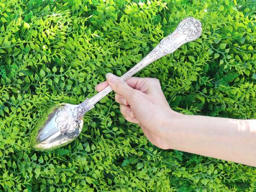 fig 2. Four polished sterling silver gravy spoons displaying intricate Queens pattern scrollwork and shell motifs along their handles, arranged side by side against a white background.