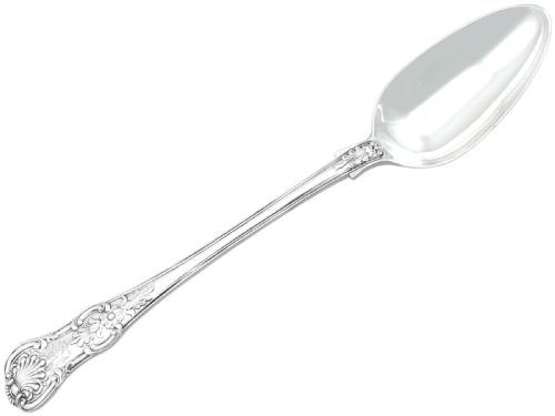 fig 5. Four polished sterling silver gravy spoons displaying intricate Queens pattern scrollwork and shell motifs along their handles, arranged side by side against a white background.