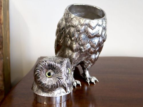 fig 3. An antique sterling silver sugar box realistically cast and chased in the form of a standing owl with detailed feather textures and set eyes.