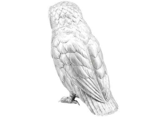 fig 6. An antique sterling silver sugar box realistically cast and chased in the form of a standing owl with detailed feather textures and set eyes.
